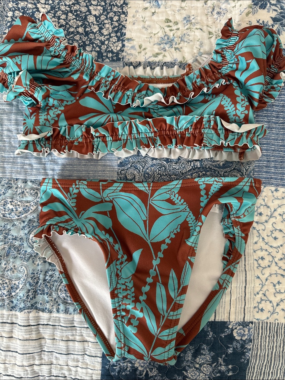 Janie and Jack Turquoise & Brown Leaf Ruffle Bikini